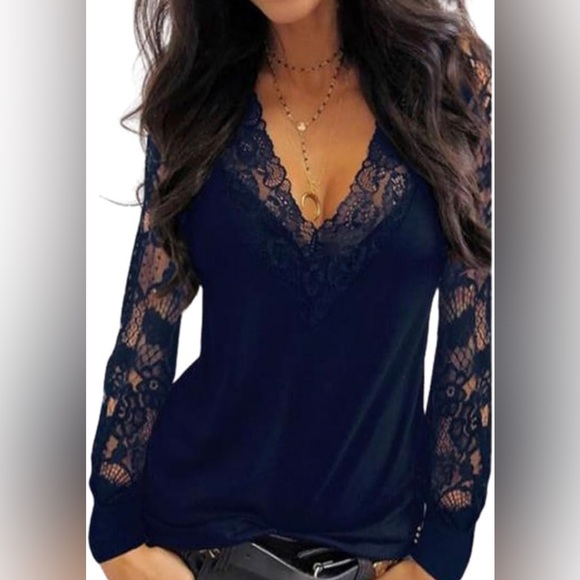 Sheilay Tops - Sheilay Lace Trim Crochet Shirts V Neck Hollow Out Plain Long Sleeve Tunics Top